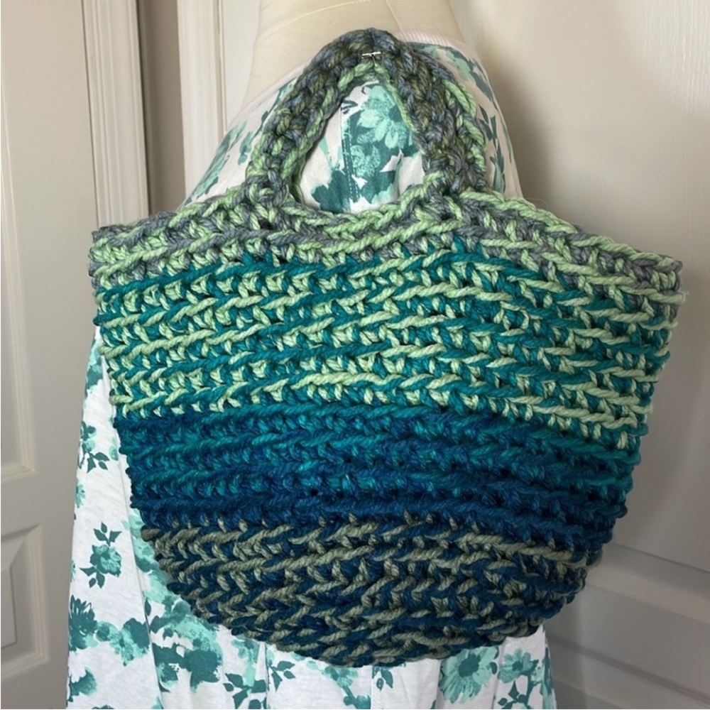 Handmade Basket Organization Green Blue Crochet Decor Hand Crafted Chunky Knit - Picture 8 of 17